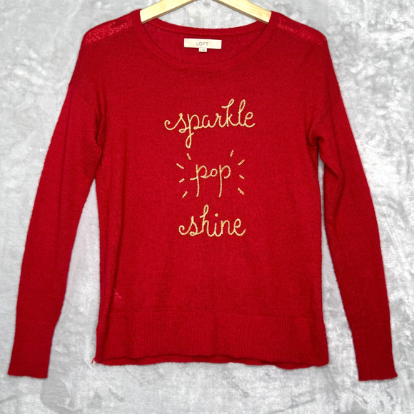 LOFT Sweater Womens Small Red Holiday Sweater Mohair Wool Blend Pullover - Picture 1 of 8